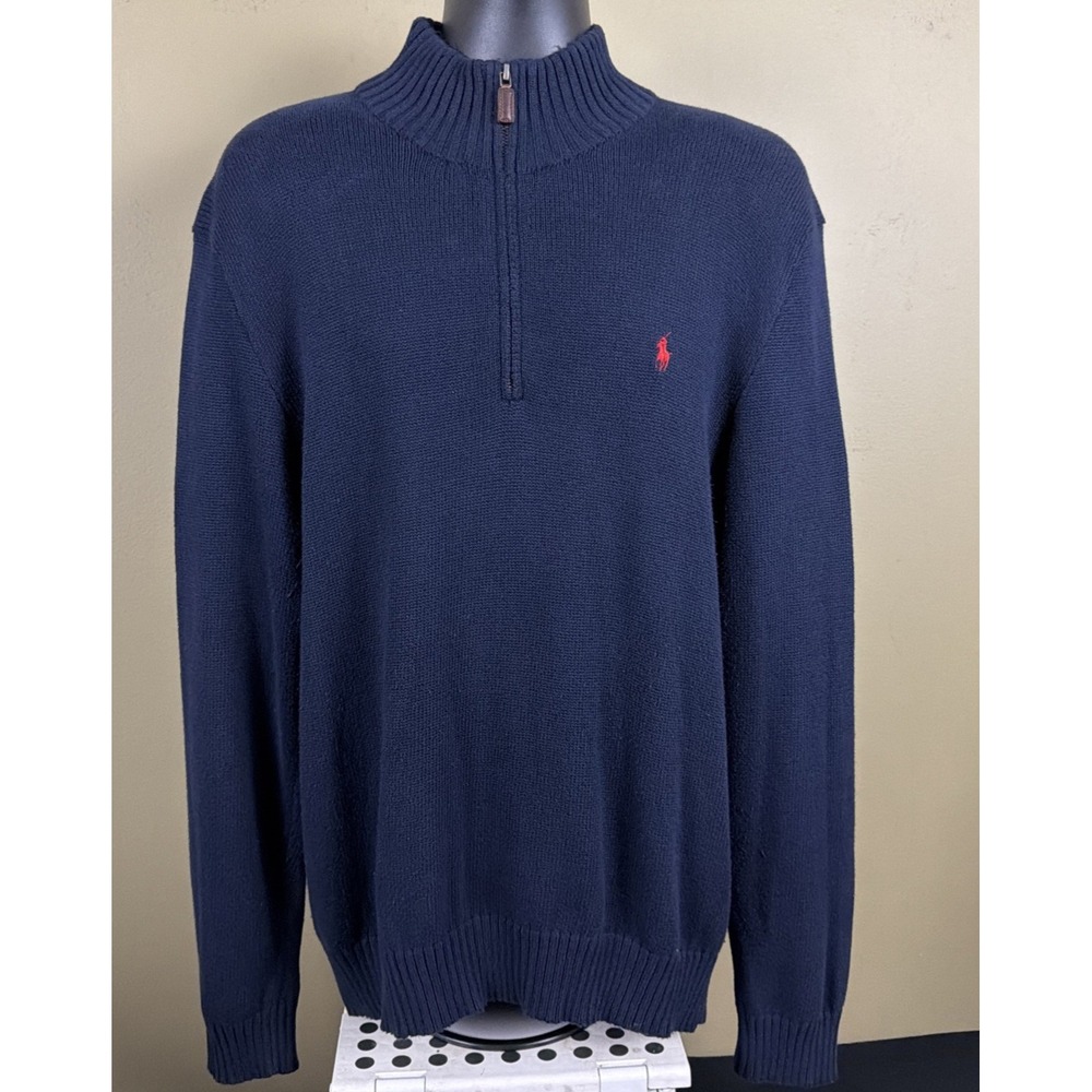 VTG Polo Ralph Lauren Navy Quarter 1/4 Zip Knit 100% Cotton Sweater L Grampacor